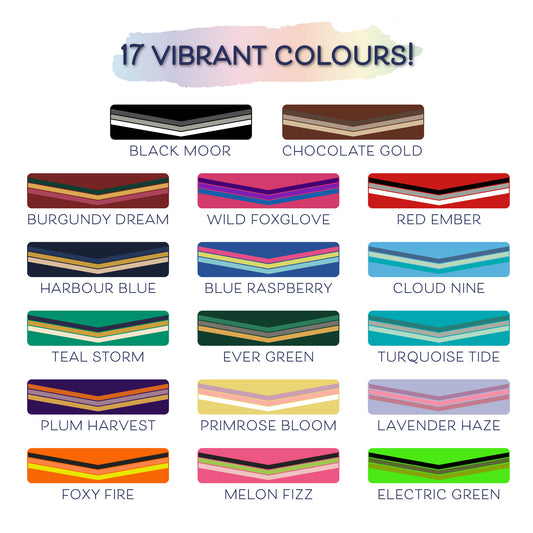Color swatches with names of 17 vibrant colors on a white background