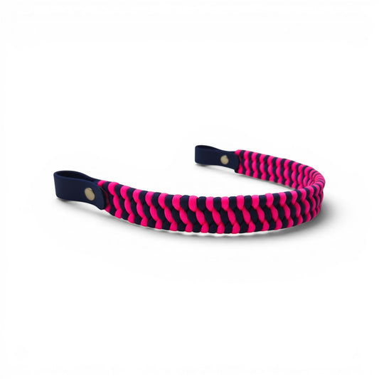 Ponies and Pups flat hunter style browband in a braided pink and navy paracord design with durable BioThane loops.
