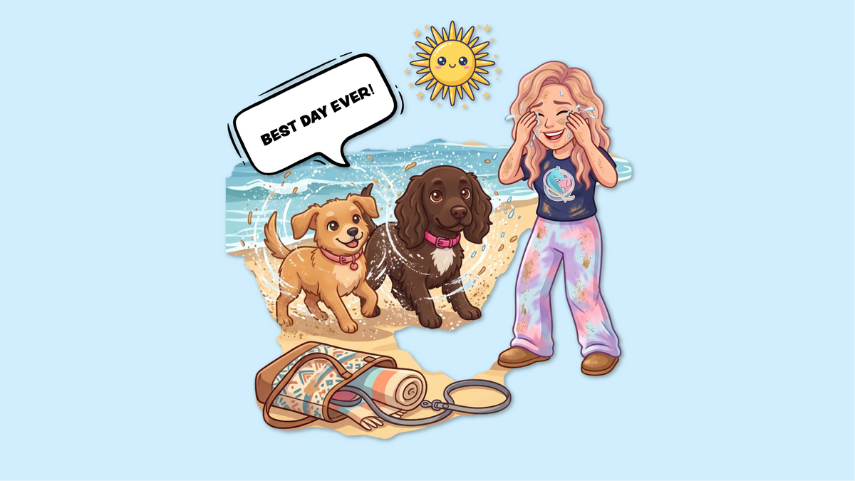 Cartoon illustration of Sophia laughing and wiping sea spray from her face on a sunny beach, two dogs in pink collars playing in the waves beside her, with a speech bubble reading 'Best day ever!'