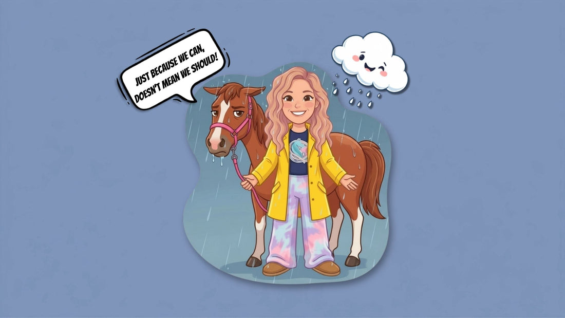 Cartoon illustration of Sophia in a yellow raincoat, smiling in the rain while holding her pony Patsy on a pink BioThane lead. Patsy looks unimpressed, with a speech bubble reading 'Just because we can, doesn't mean we should!'