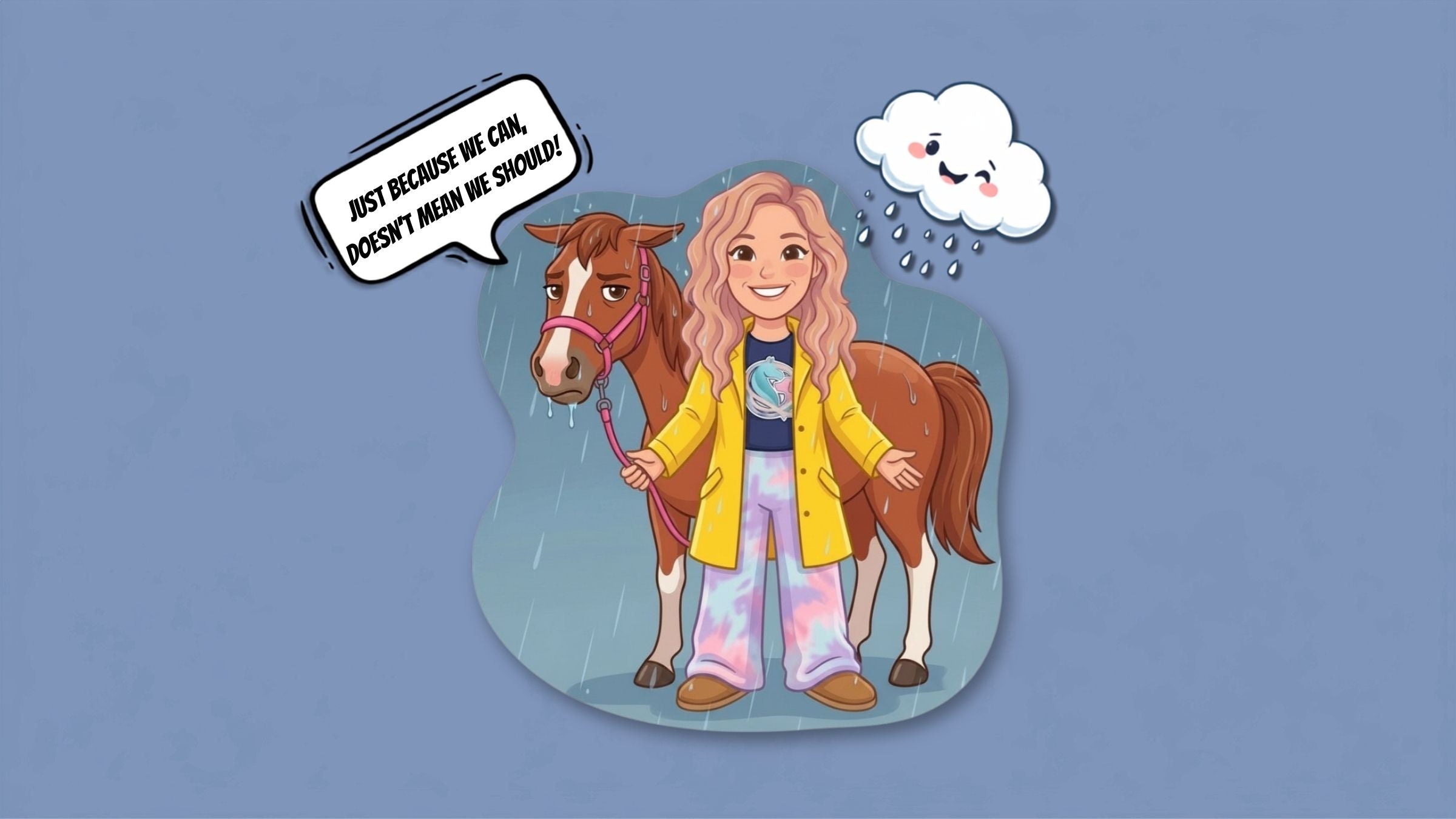 Cartoon illustration of Sophia in a yellow raincoat, smiling in the rain while holding her pony Patsy on a pink BioThane lead. Patsy looks unimpressed, with a speech bubble reading 'Just because we can, doesn't mean we should!'