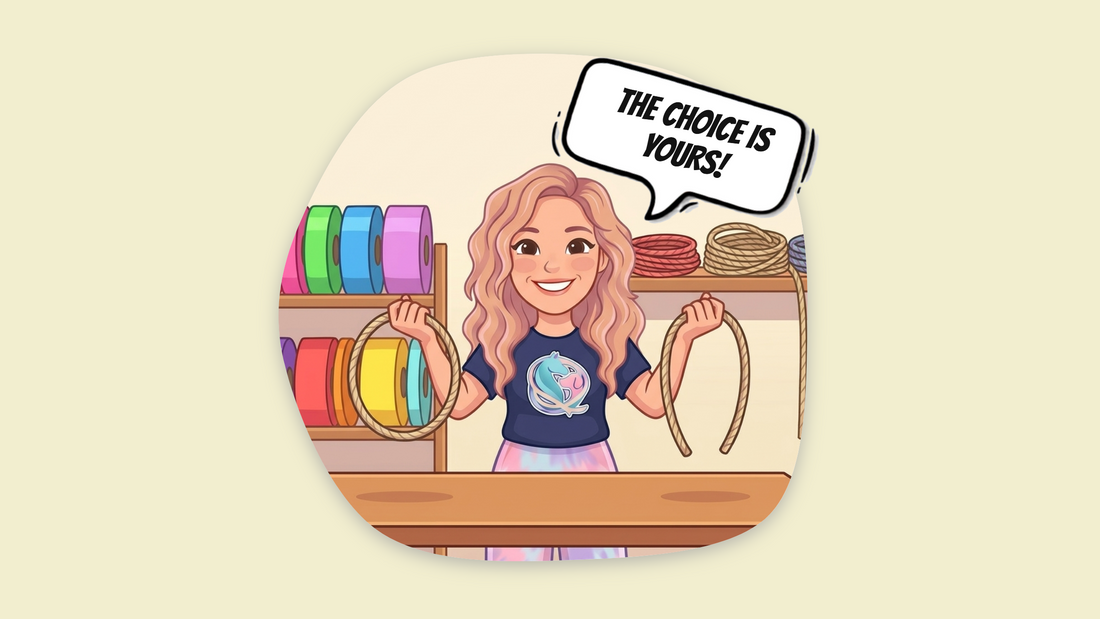 Cartoon of Sophia in her workshop holding up two neck ropes, one a closed loop and one open with its ends apart, with a speech bubble reading 'The choice is yours!'