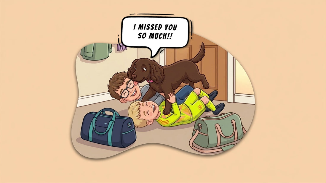 Cartoon of a chocolate brown Sprocker Spaniel joyfully pinning two laughing boys to the hallway floor and licking them, their overnight bags dropped beside them, with a speech bubble reading I missed you so much.