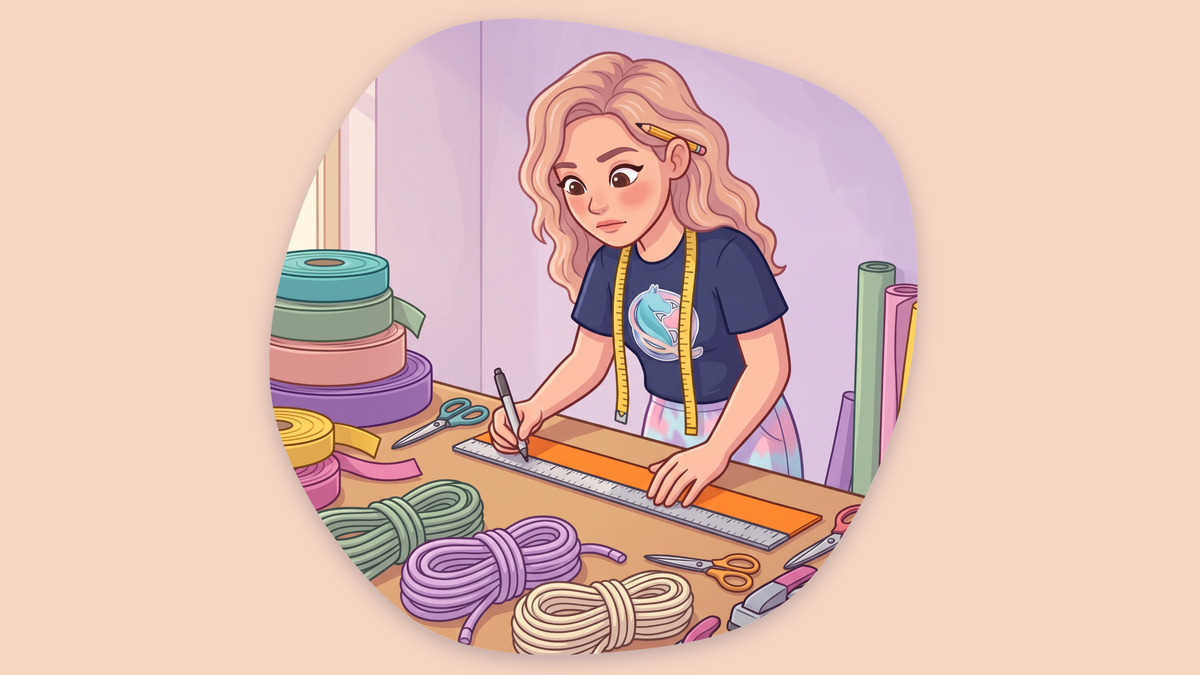 Sophia at her workbench measuring a strip of colourful BioThane with a ruler, surrounded by rolls of BioThane and coils of rope.