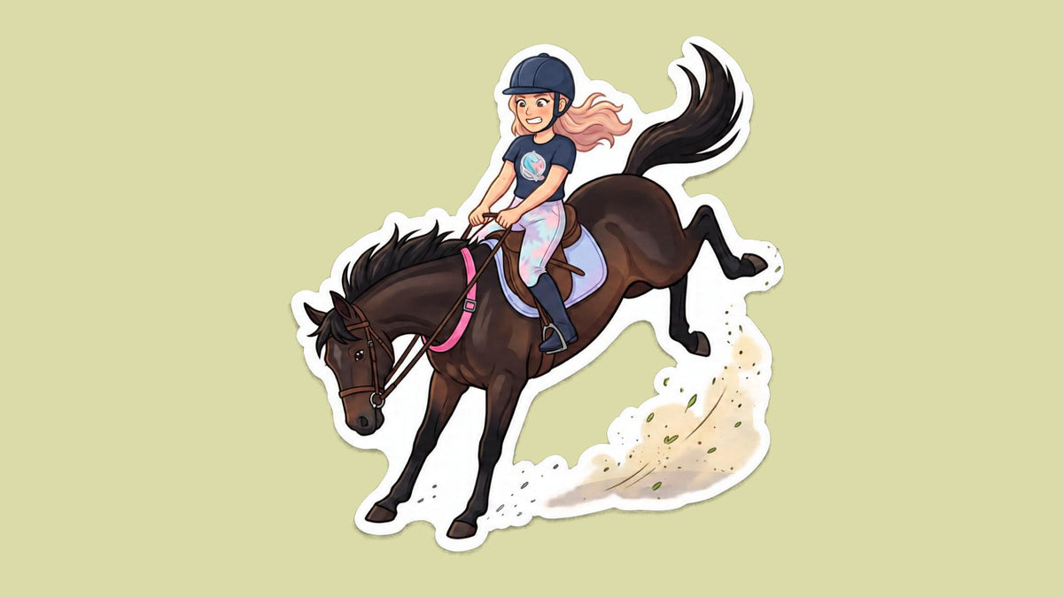 Cartoon of Sophia clinging on, gritted teeth, as her bay ex-racehorse Fizz bucks, wearing a pink neck strap