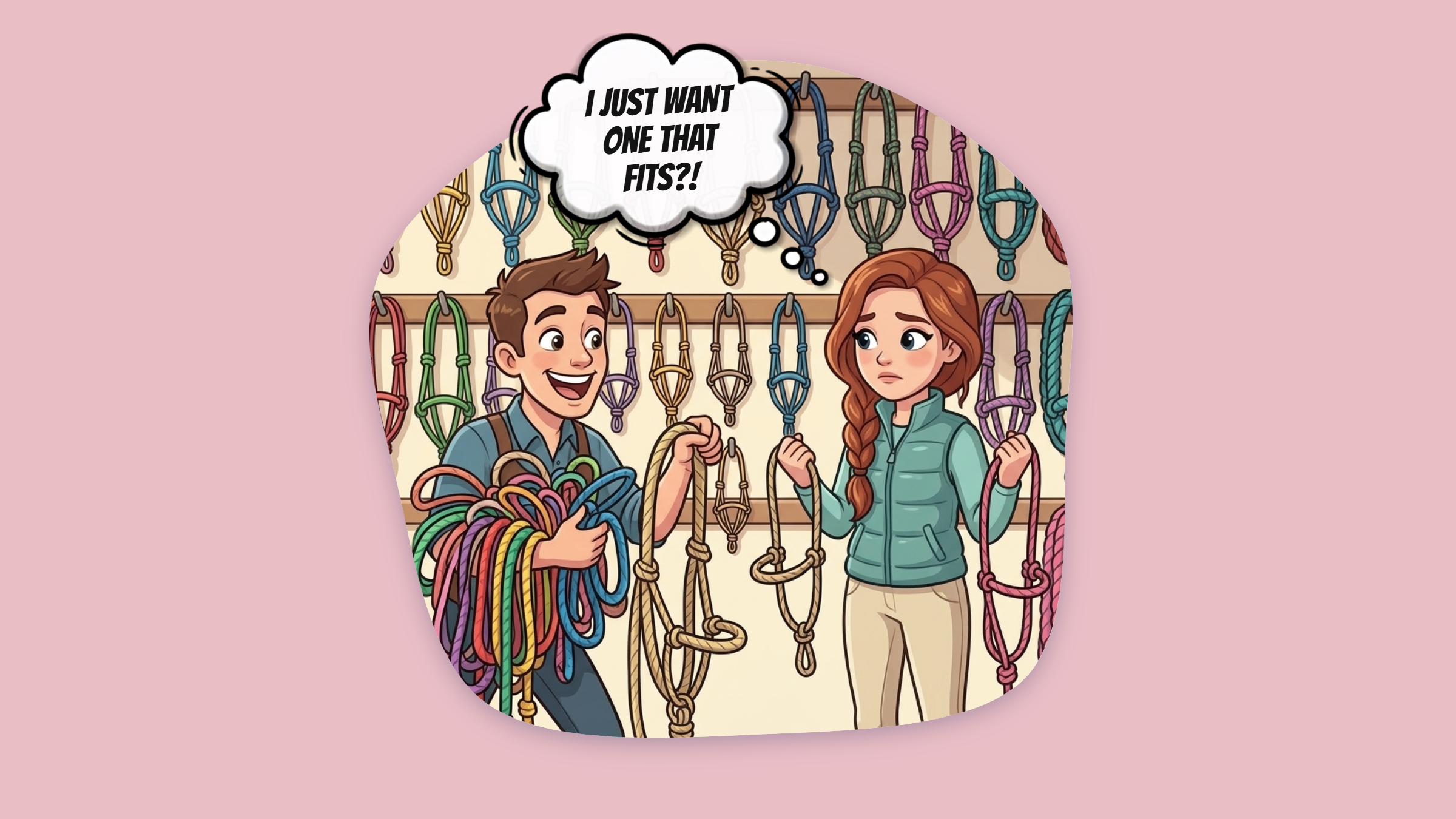 Cartoon of a rider in a tack shop surrounded by dozens of colourful rope halters while an over-eager shop assistant offers her armfuls more, with a thought bubble reading 'I just want one that fits?!'