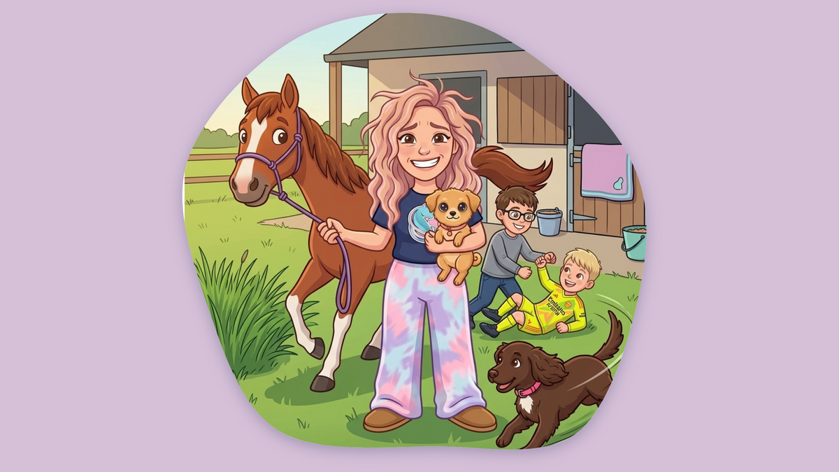 A cartoon of Sophia in cheerful chaos, holding her chestnut mare Patsy's lead rope in one hand and a small dog in the other, her two sons play-fighting behind her and her Sprocker Milo zooming around them all.