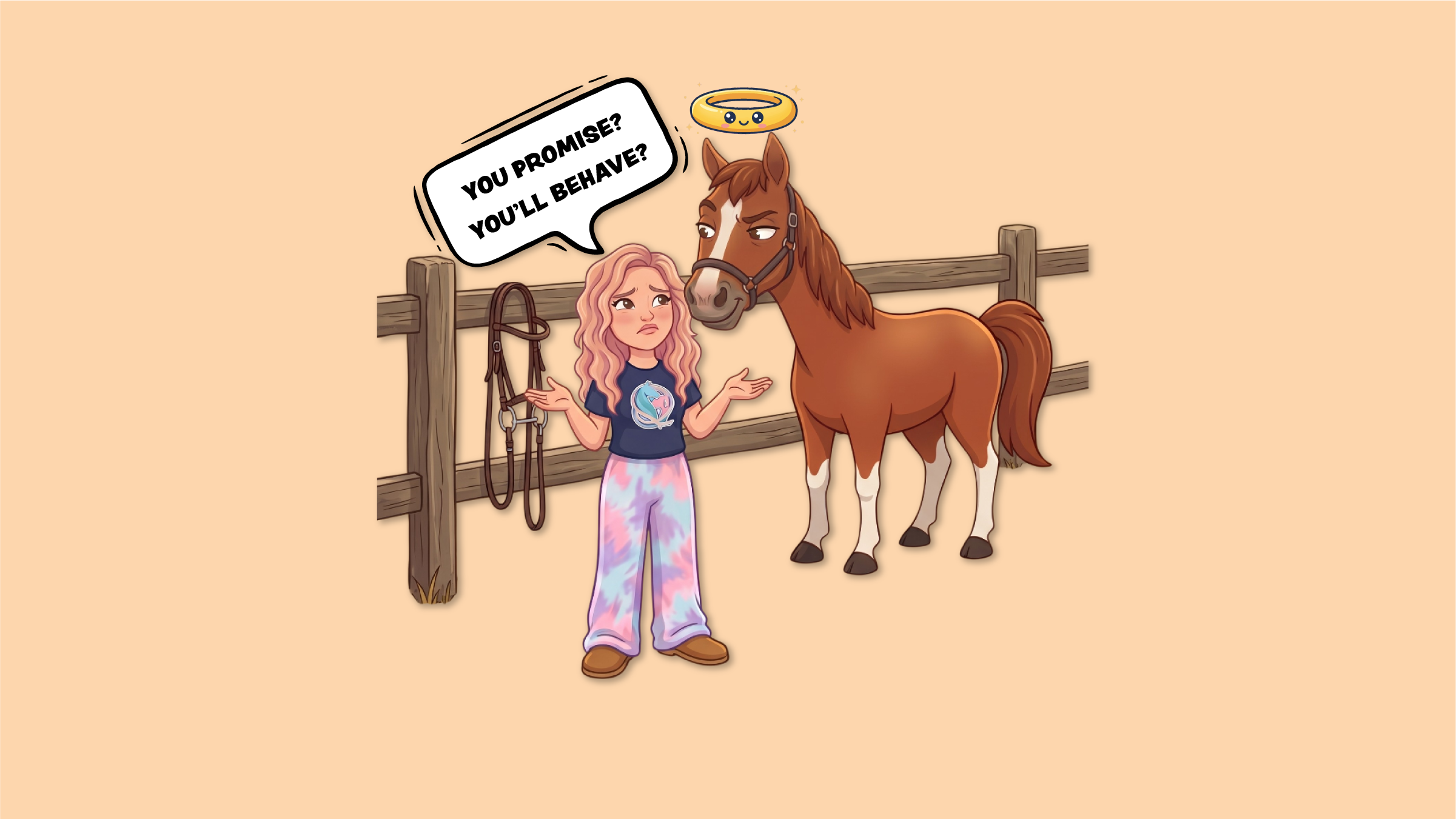 Cartoon illustration of Sophia shrugging beside a bridle hanging on a fence, next to a horse with an angelic halo looking innocent, with a speech bubble reading 'You promise? You'll behave?'