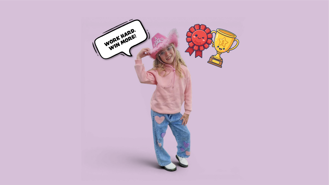 Photo of a young girl in a pink cowboy hat and pink jumper, hand on her hat, standing beside a rosette and trophy illustration, with a speech bubble reading 'Work hard. Win more!'