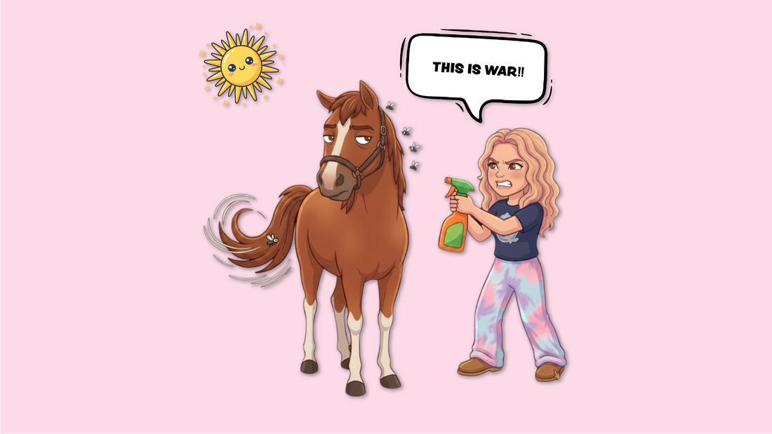 Cartoon illustration of an irritated horse swishing flies away with its tail, while Sophia stands beside it gripping a fly spray bottle, with a speech bubble reading 'This is war!!'