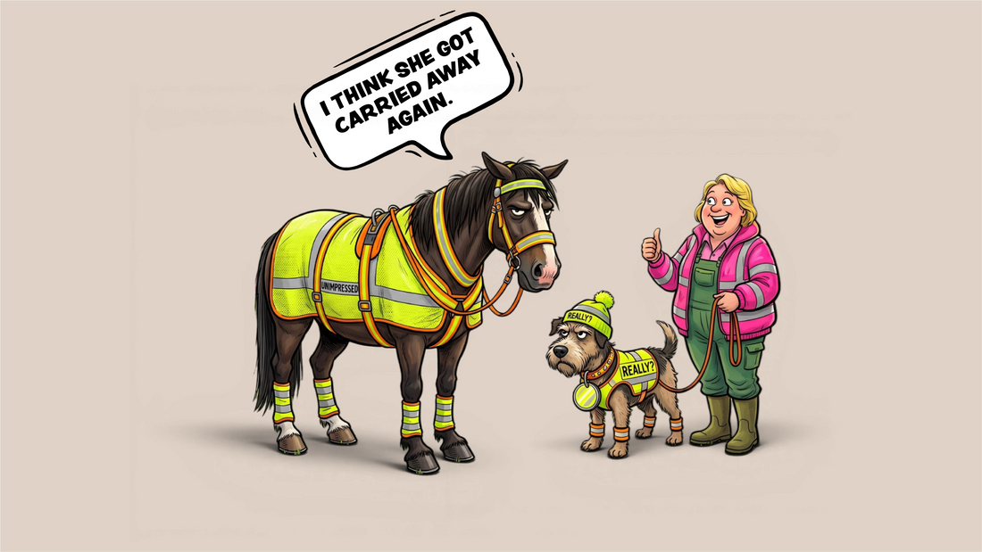 Cartoon illustration of a horse and small terrier dressed head-to-toe in neon hi-vis gear looking unimpressed, standing beside a woman in a pink hi-vis jacket giving a thumbs up, with a speech bubble reading 'I think she got carried away again.'