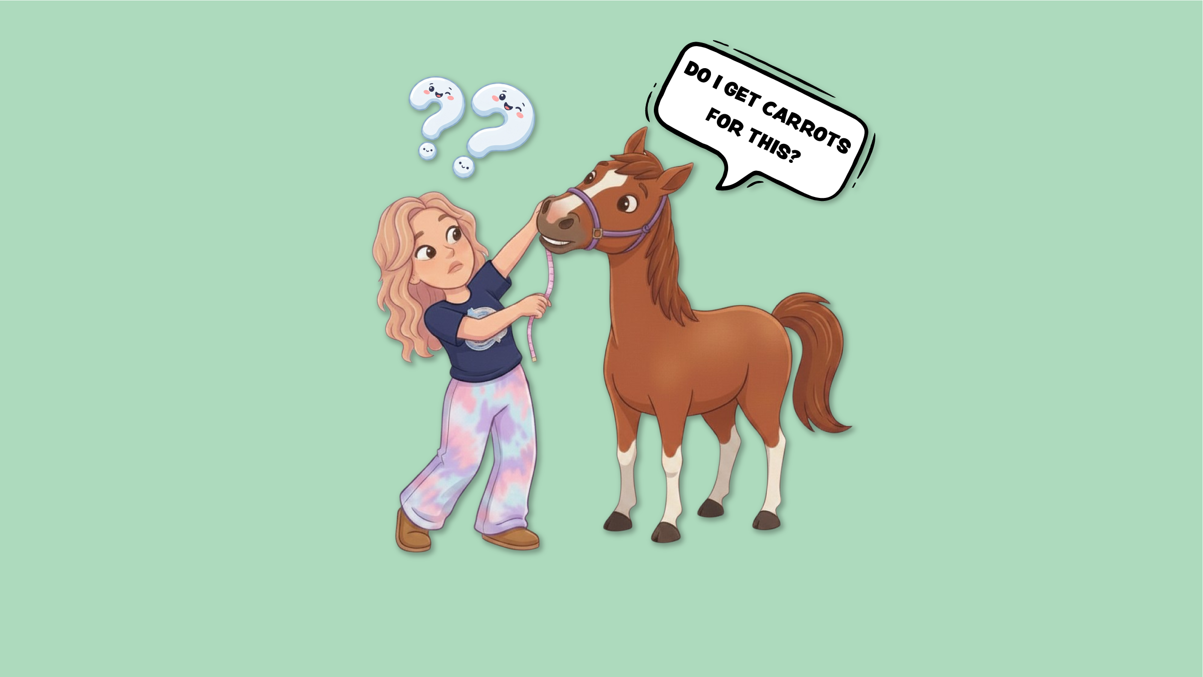 Cartoon illustration of Sophia measuring a pony's head with a tape measure while the pony wears a purple headcollar, with a speech bubble reading 'Do I get carrots for this?'