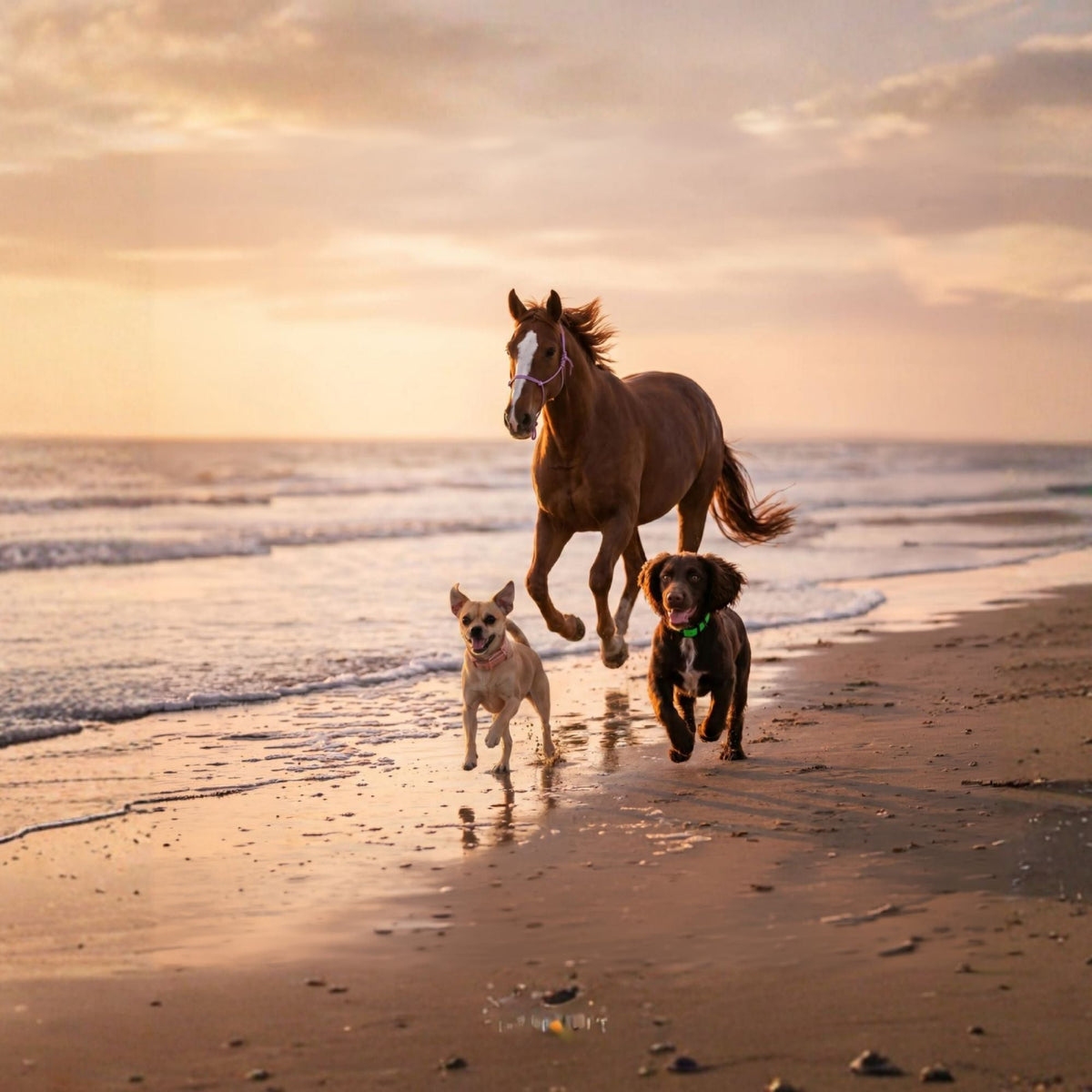 A chestnut horse cantering along a beach at sunset alongside two dogs running through the shallow waves.