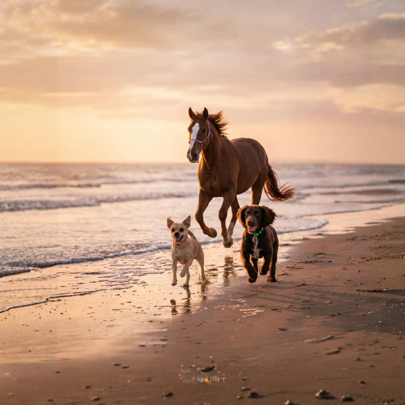 A chestnut horse cantering along a beach at sunset alongside two dogs running through the shallow waves.