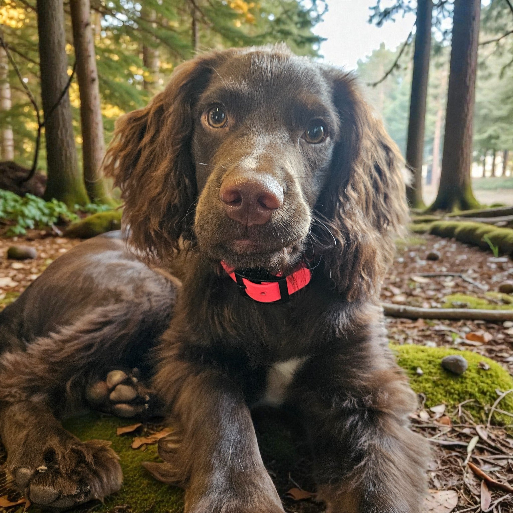 Brown spaniel puppy lying in a mossy forest wearing a coral BioThane collar, looking at the camera.