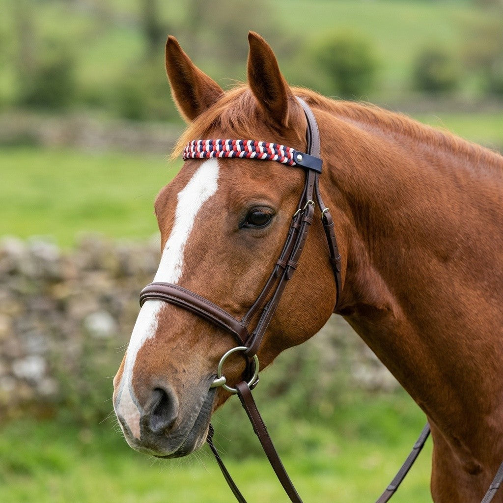 Chestnut horse with a white blaze wearing a red, white, and blue braided browband on a brown leather bridle, standing in a field.