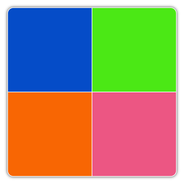 Four square color blocks in blue, green, orange, and pink on a white background
