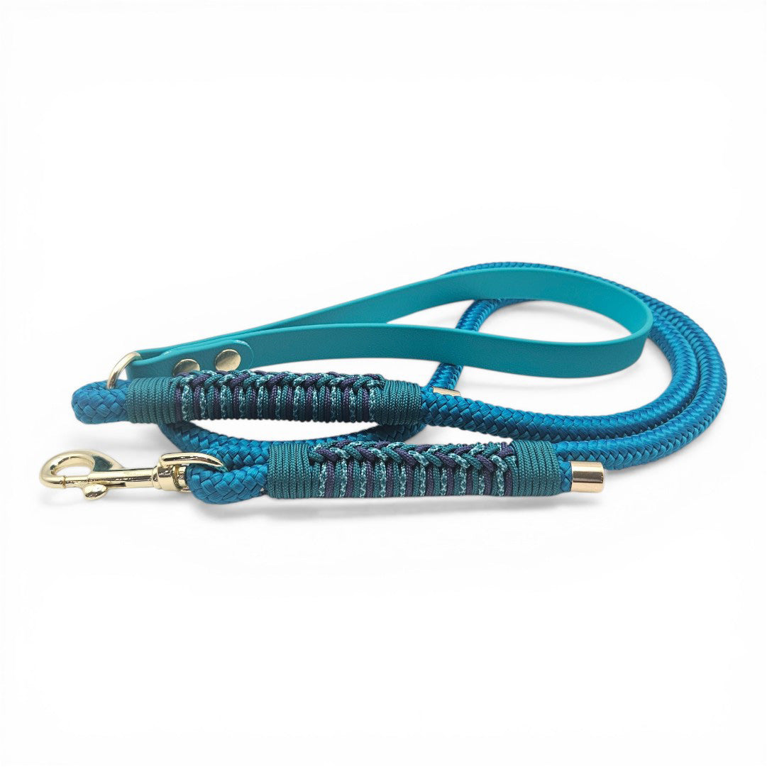 Teal dog leash with braided design on a white background