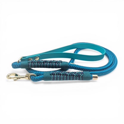 Teal dog leash with braided design on a white background