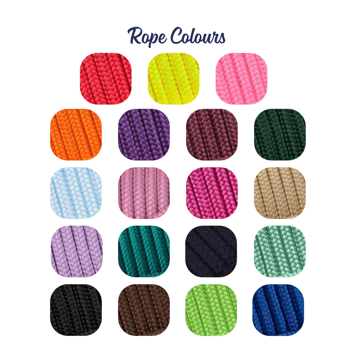 Rope colour chart showing every rope colour you can choose, from deep darks to bright neons and soft pastels.