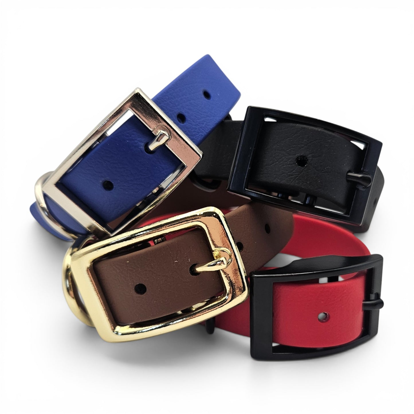 Set of colorful  waterproof adjustable biothane dog collar  various buckles on a white background