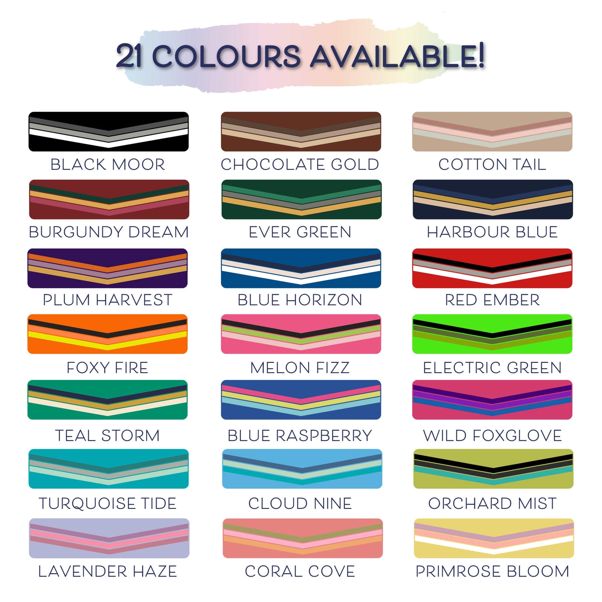 Color swatches with names of 21 available colors on a white background