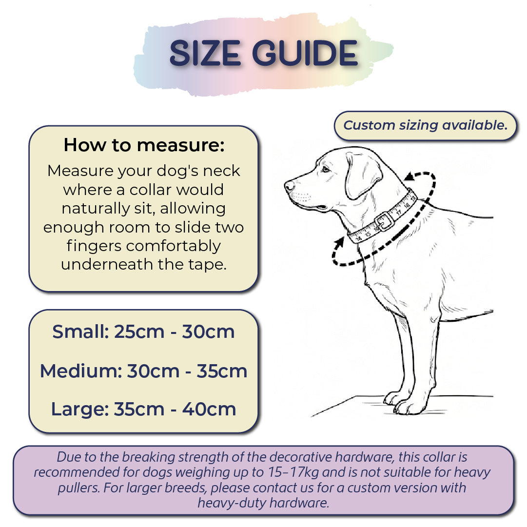 Dog collar size guide with measurement instructions and a diagram of a dog wearing a collar.