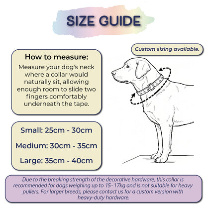 Dog collar size guide with measurement instructions and a diagram of a dog wearing a collar.