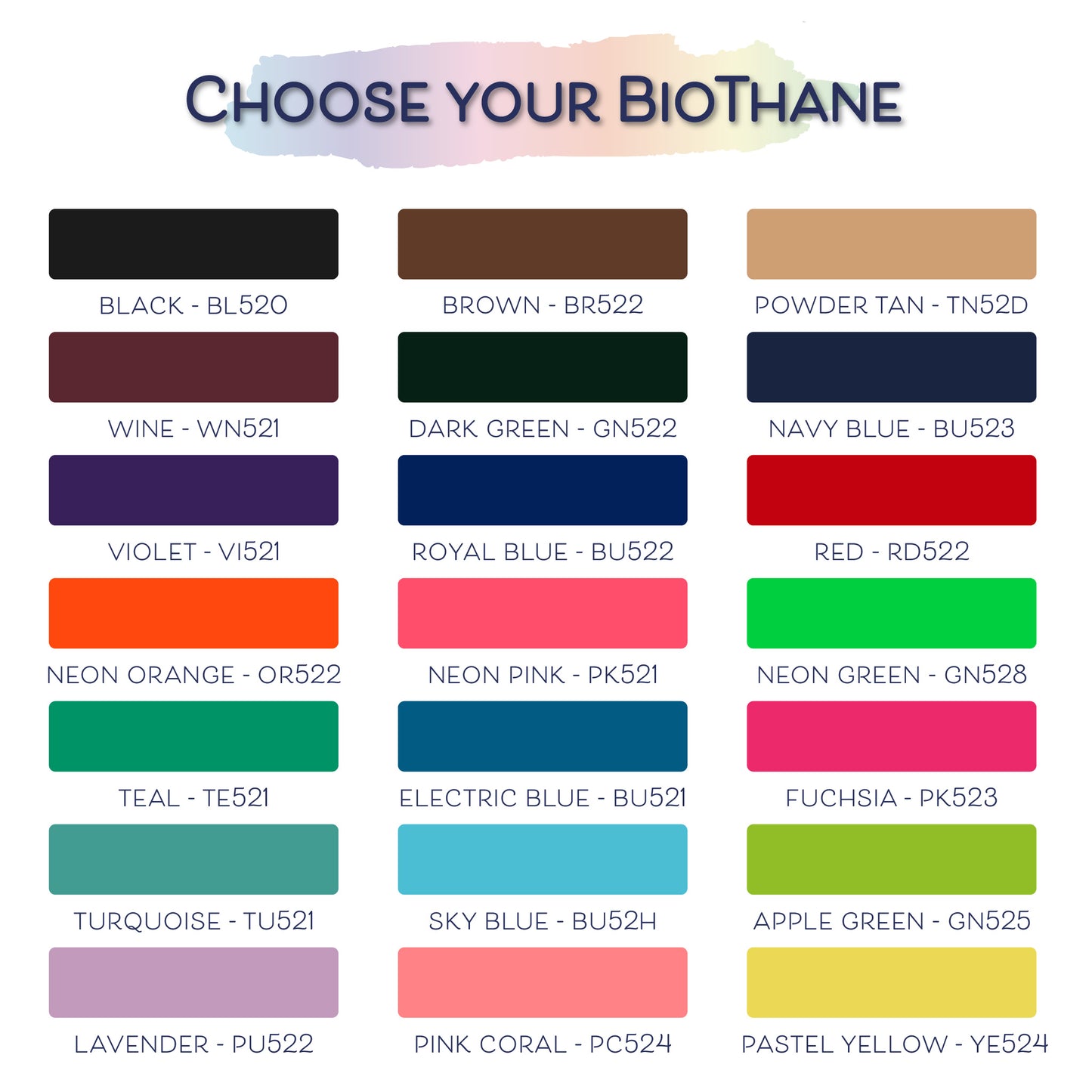 Color swatches for BioThane material with text 'Choose Your BioThane' at the top.