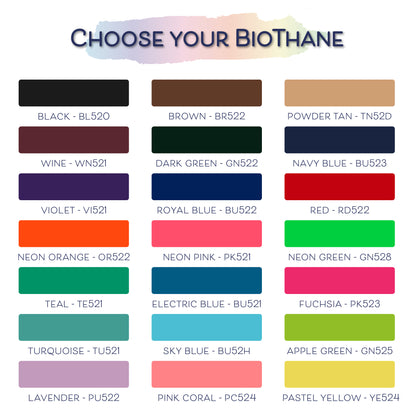Color swatches for BioThane material with text 'Choose Your BioThane' at the top.