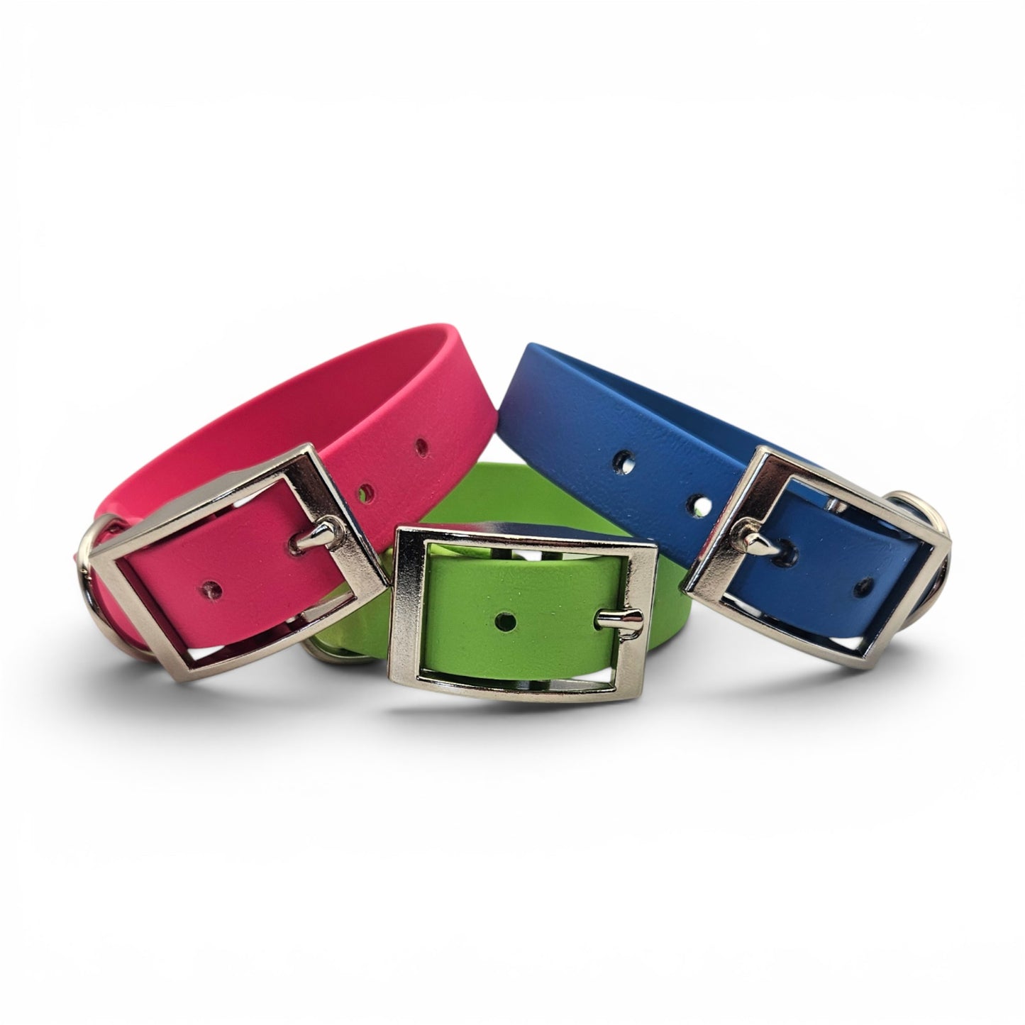 Three colorful dog collars in pink, green, and blue with silver buckles on a white background.
