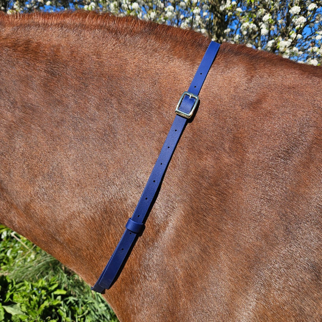 Ponies and Pups navy blue BioThane adjustable horse neck strap with gold buckle, waterproof and durable.