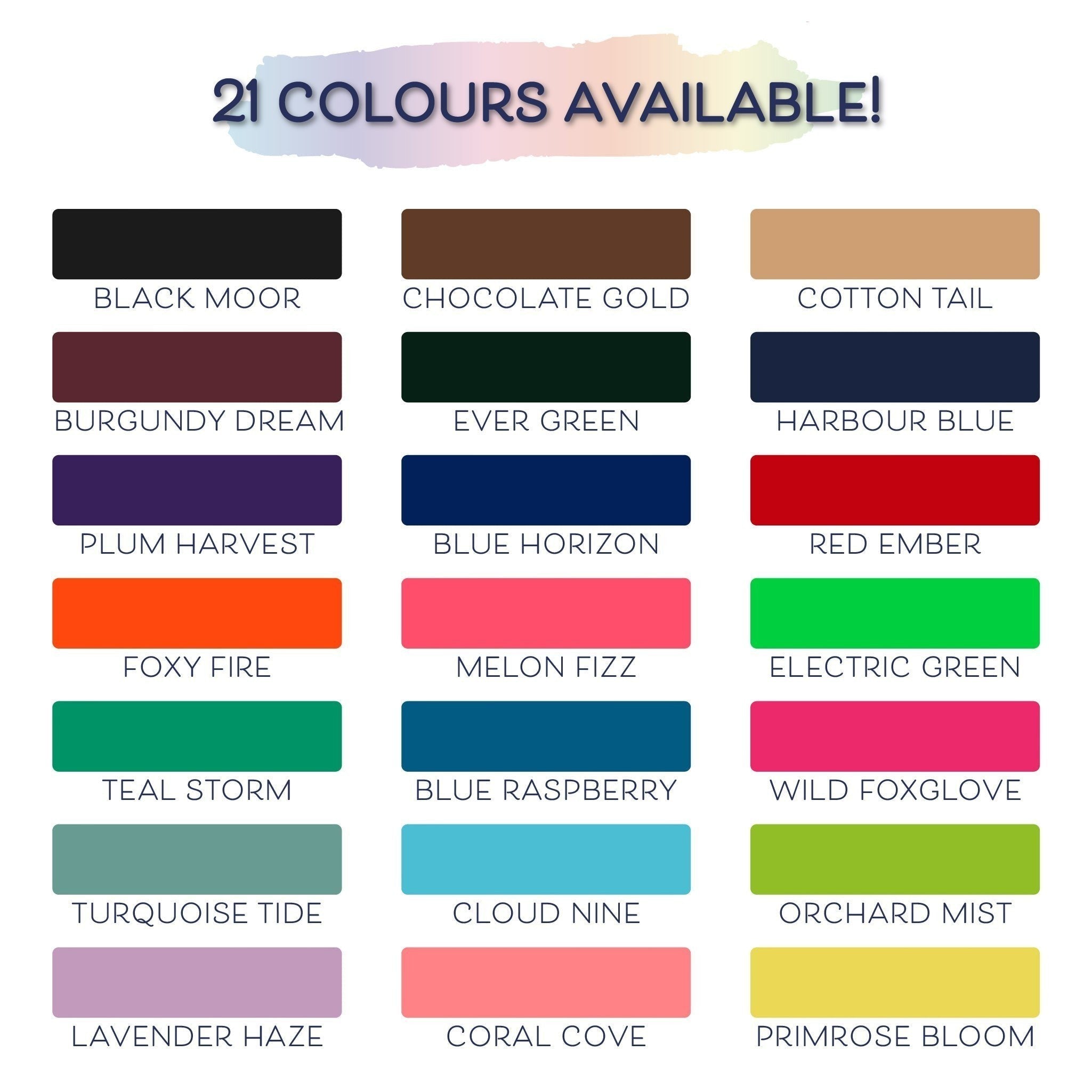 Ponies and Pups waterproof BioThane horse rug fillet string colour chart showing 21 vibrant shade options