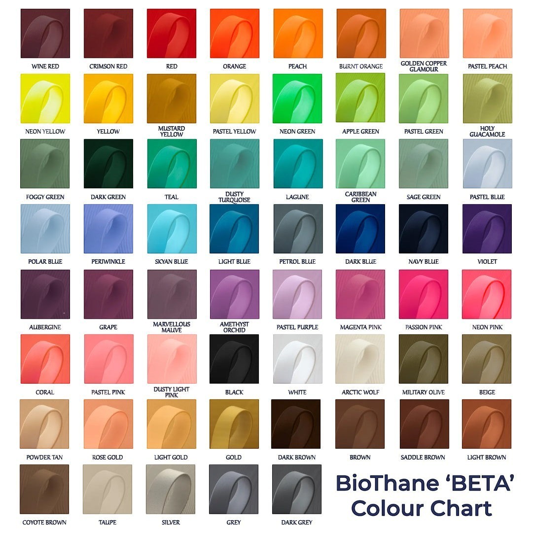 Ponies and Pups BioThane BETA colour chart showing a wide variety of waterproof strap material options.