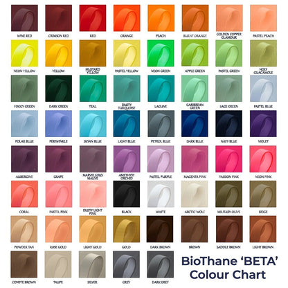 Ponies and Pups BioThane BETA colour chart showing a wide variety of waterproof strap material options.