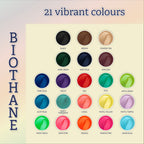 Ponies and Pups BioThane colour chart featuring 21 vibrant options for custom equestrian neck ropes and tack.