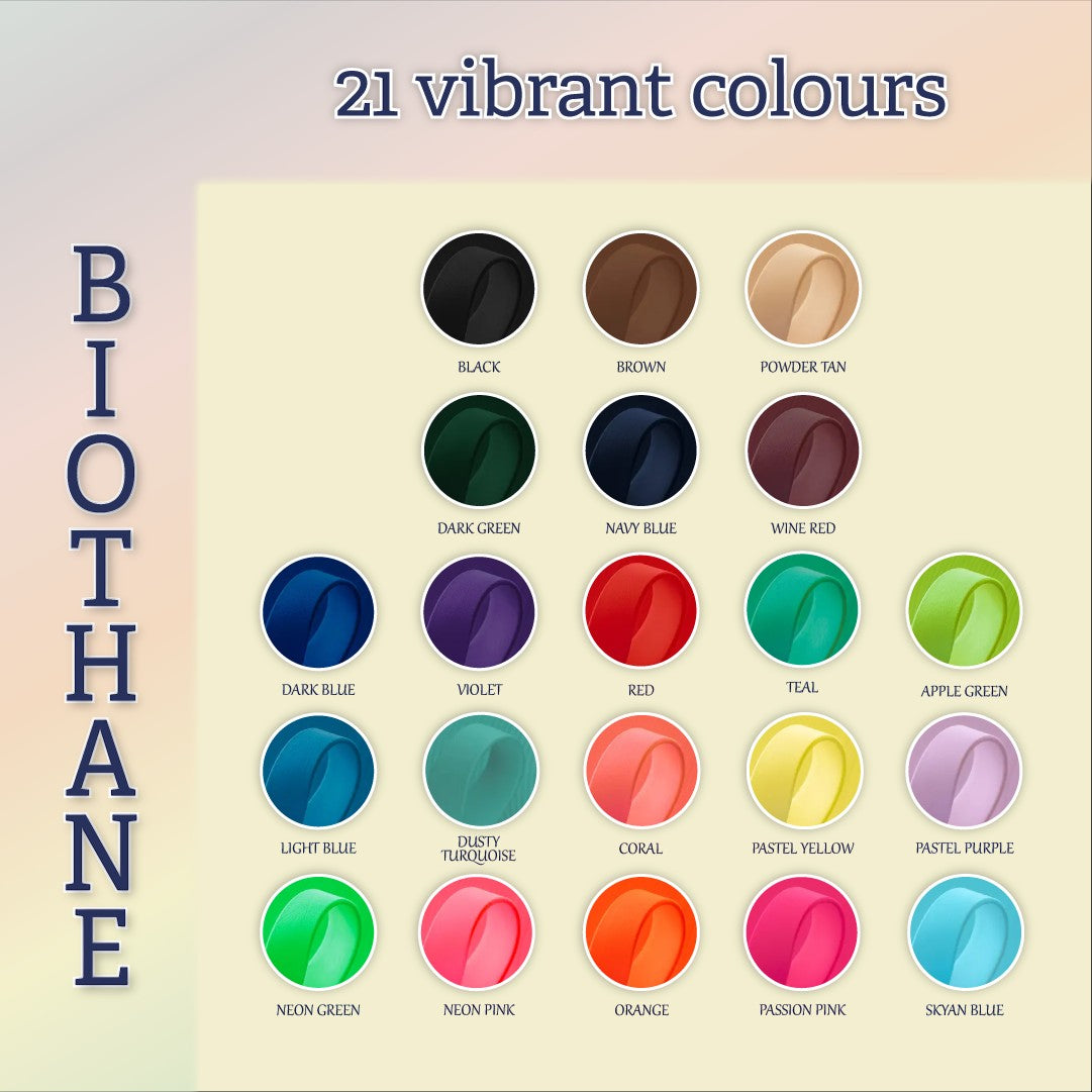 Ponies and Pups BioThane colour chart featuring 21 vibrant options for custom equestrian neck ropes and tack.
