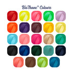 BioThane colour chart showing every strap colour you can choose, from deep darks to bright neons and soft pastels.