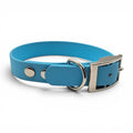 Ponies and Pups adjustable bright blue BioThane dog collar with silver buckle and D-ring. Waterproof and stink-proof.