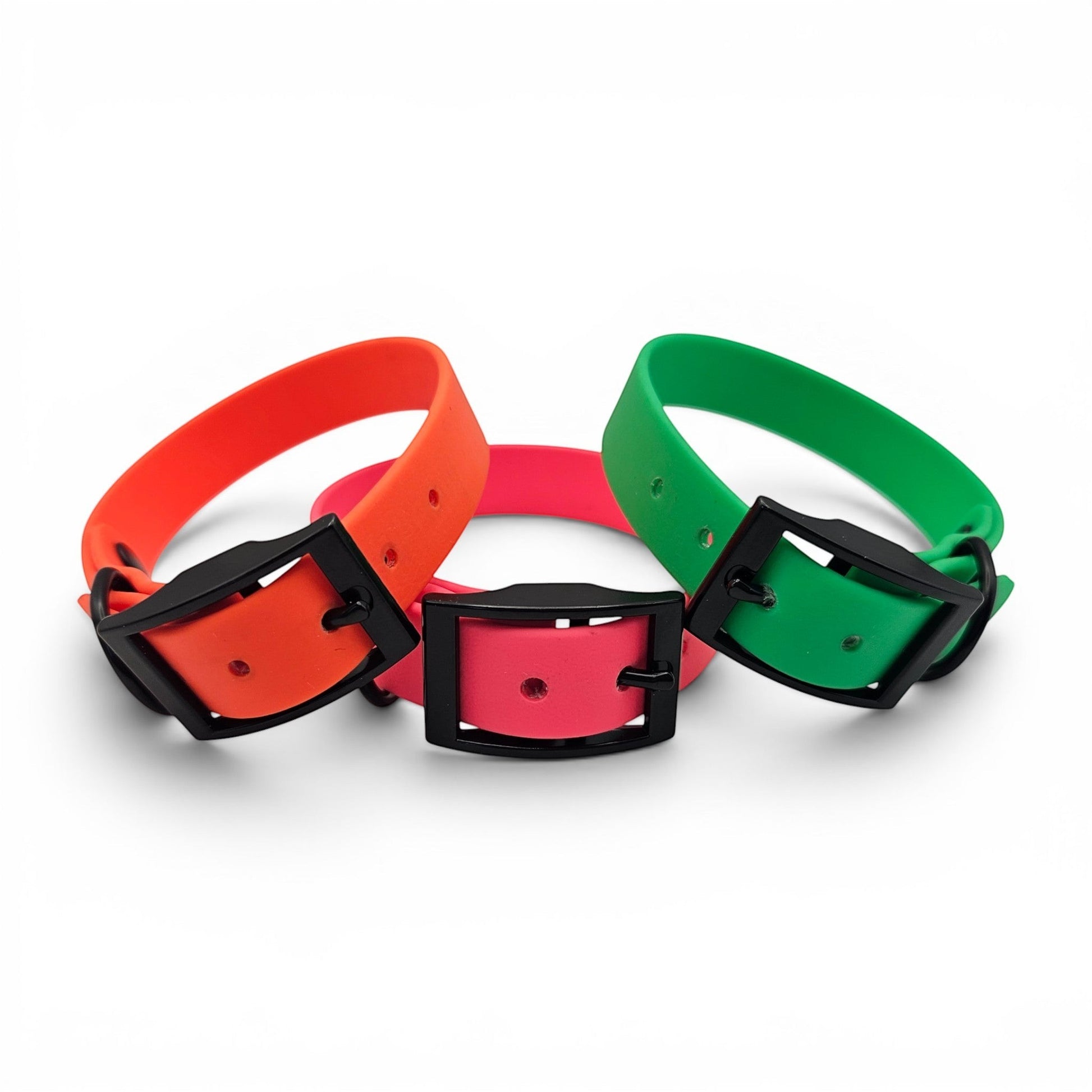 Ponies and Pups orange, pink, and green BioThane dog collars with black buckles, waterproof and adjustable.