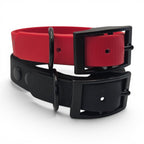 Ponies and Pups red and black adjustable BioThane dog collars, waterproof, stink-proof, and handmade.