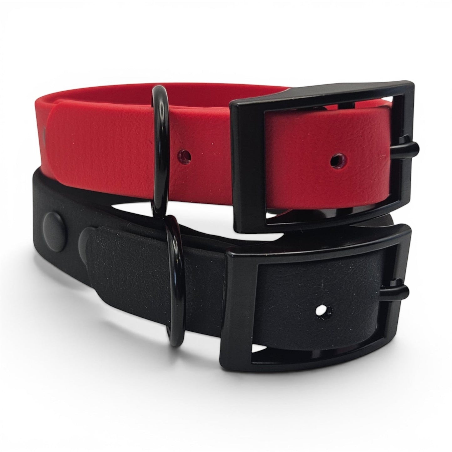 Ponies and Pups red and black adjustable BioThane dog collars, waterproof, stink-proof, and handmade.
