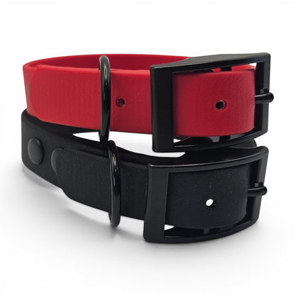 Ponies and Pups red and black adjustable BioThane dog collars, waterproof, stink-proof, and handmade.