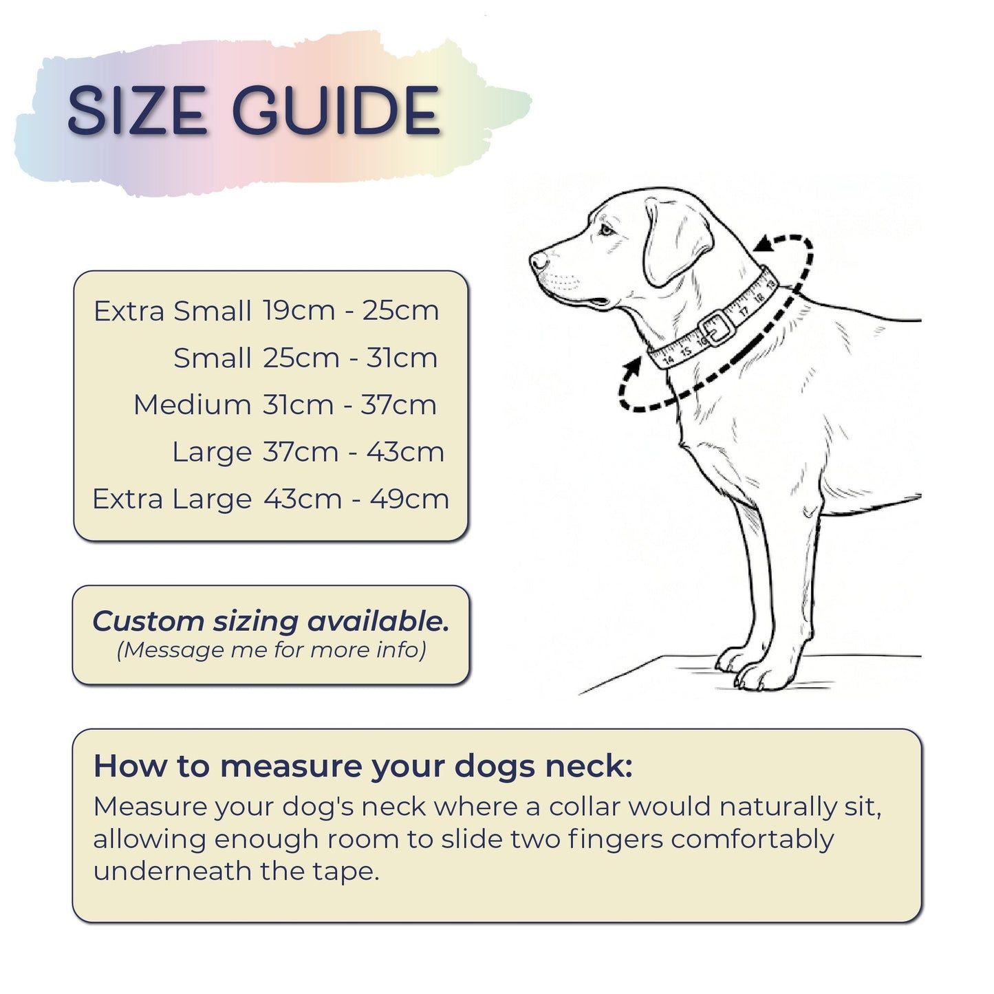 Ponies and Pups adjustable BioThane dog collar size guide with measurements and instructions on how to measure a dog's neck.