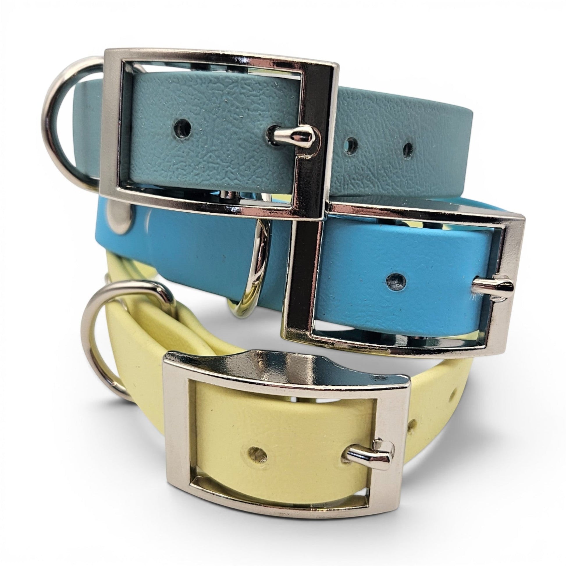 Ponies and Pups adjustable dog collar in teal, blue, and yellow BioThane with silver buckle. Waterproof and handmade.