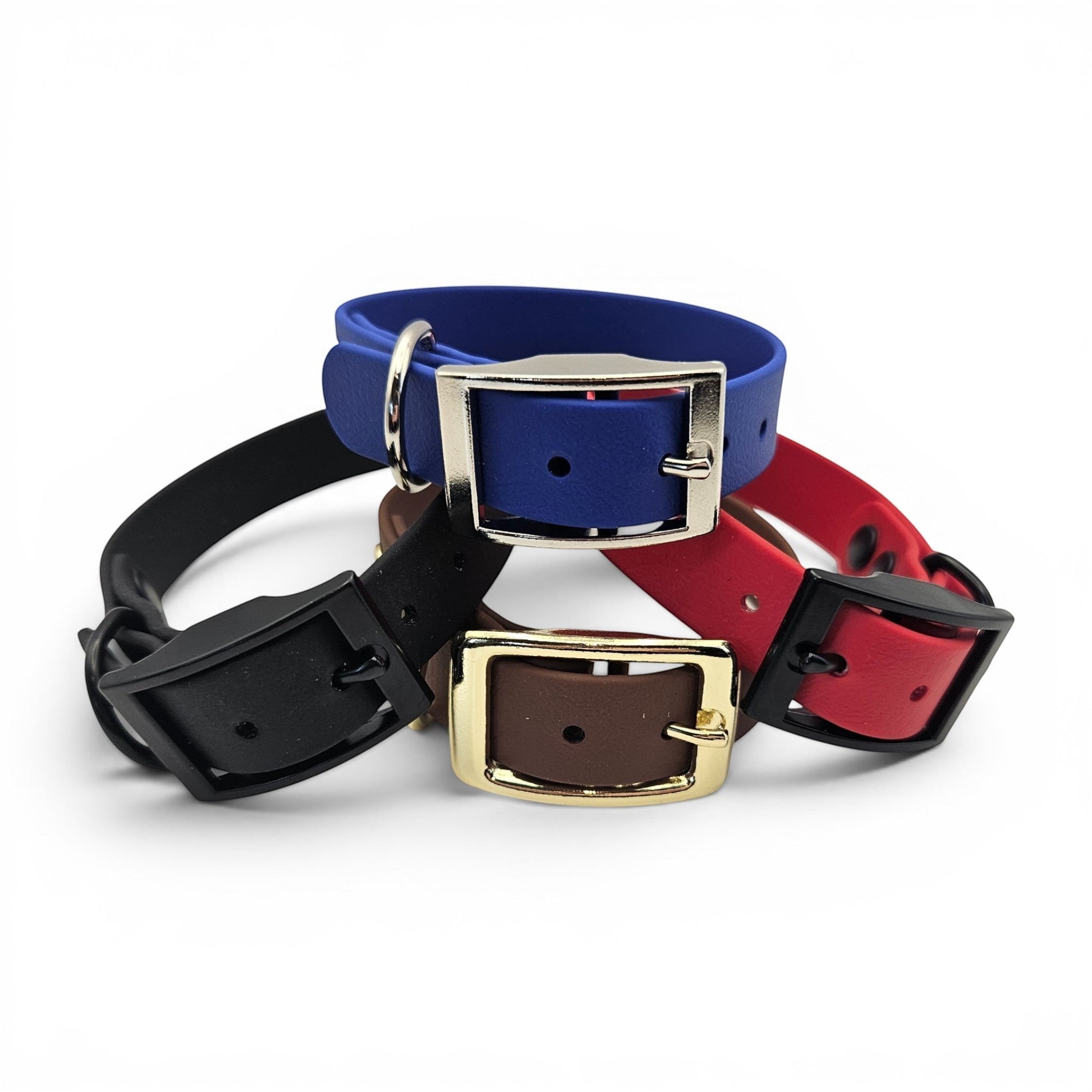 Ponies and Pups blue, red, black, and brown BioThane dog collars with metal and plastic buckles. Waterproof and adjustable.