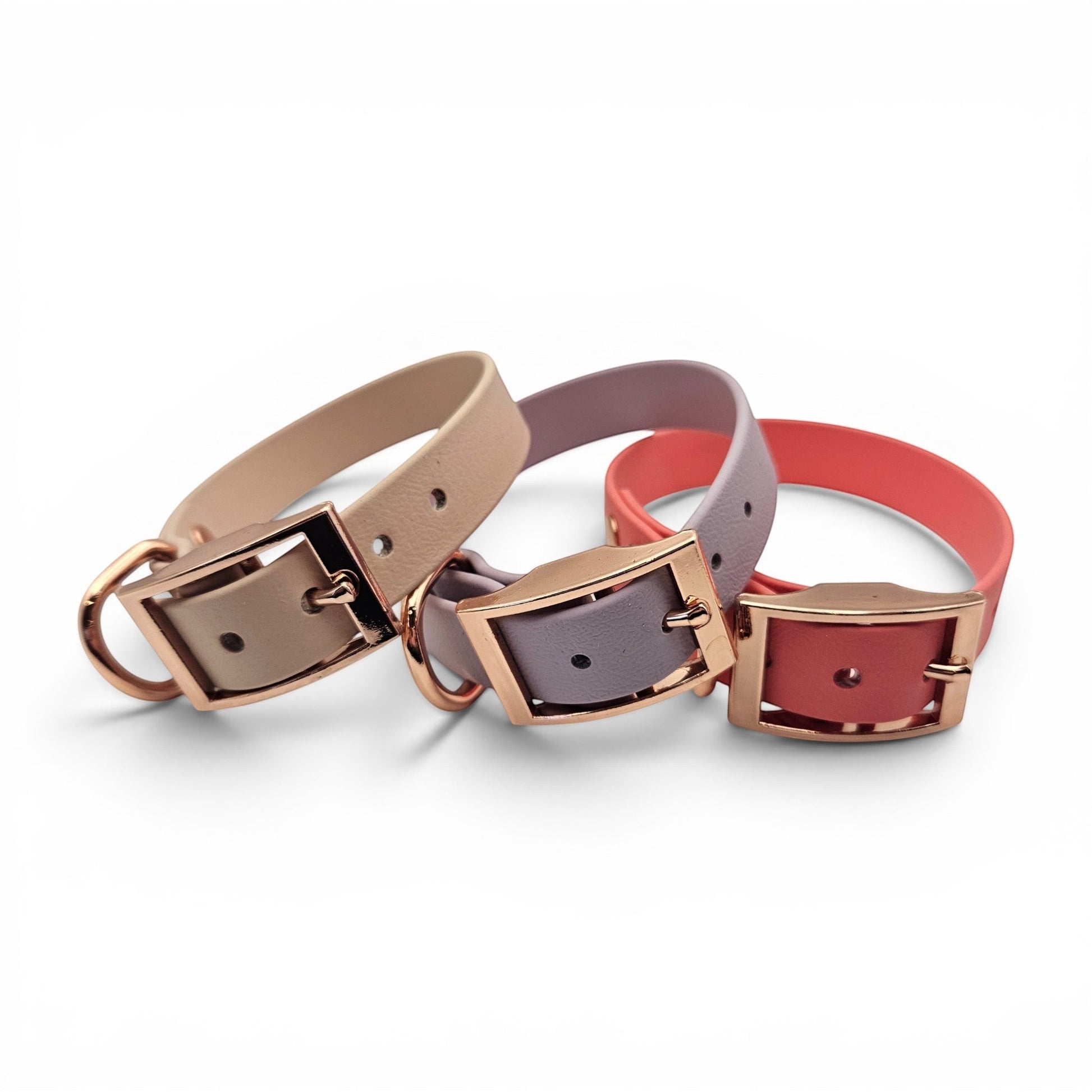 Ponies and Pups adjustable BioThane dog collar in beige, lilac, and coral with rose gold hardware. Waterproof and handmade.