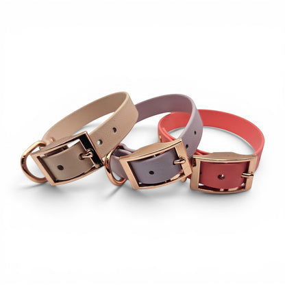 Ponies and Pups adjustable BioThane dog collar in beige, lilac, and coral with rose gold hardware. Waterproof and handmade.