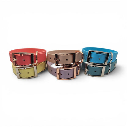 Ponies and Pups adjustable dog collars in coral, tan, lilac, yellow, blue, and teal BioThane with rose gold and silver buckles.