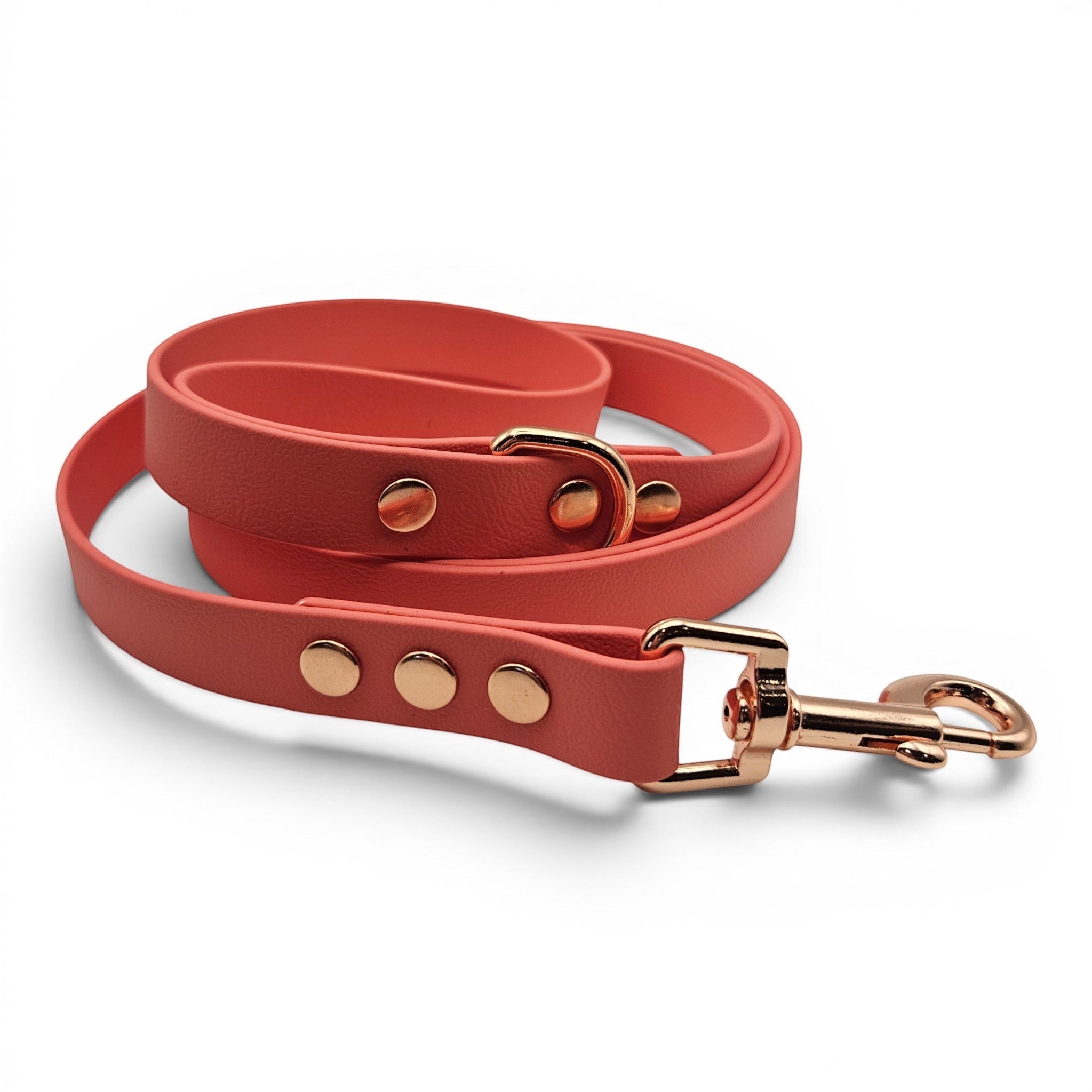 Ponies and Pups coral BioThane dog lead with rose gold hardware, waterproof and stink-proof.